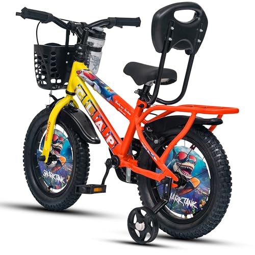 Image of Shark Tank 14T Kids Bicycle for Boys & Girls with Inbuilt Carrier, Front Basket, PU Soft Seat, Full Chain Cover & Stylish Wheelcards (Yellow /Orange)