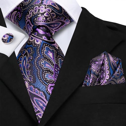 Image of Hi-Tie Men 63inches Tie Set Extra Long Necktie Paisley Tie Pocket Suqare Cufflinks Big and Tall Men Tie