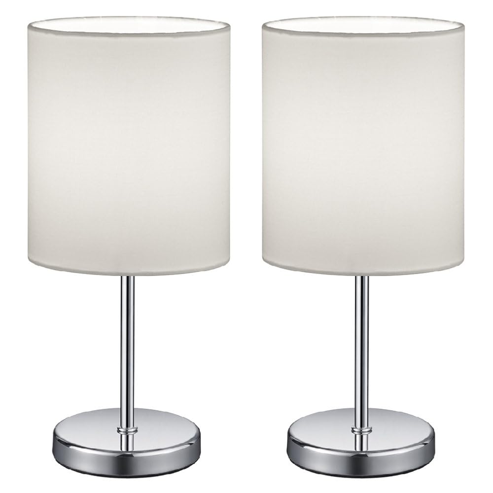 Britalia 2 Pack - Polished Chrome Slimline Metal Stem Table Desk Lamp with White Fabric Cylinder Drum Shade | 28cm Height | 1 x SES E14 Lamp Bulb Required | Sleek & Simplistic Design