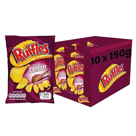 Ruffles Jamón - Patatas Fritas Crujientes Sabor Jamón, Pack de 10 Bolsas de Patatillas Deliciosas, Onduladas e Irresistibles, Snack y Aperitivo, Total: 10 x 150g = 1500 g