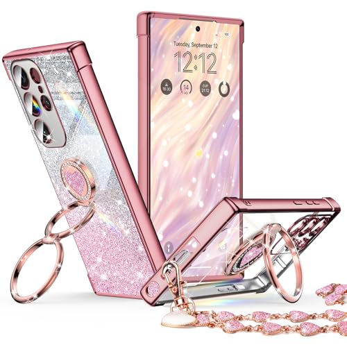 Image of XYZ for Samsung Galaxy S23 Ultra Case with Stand, Galaxy S23 Ultra Case with Double Ring, Women Girls Bling Luxury Glitter Clear Phone Case Cover Heart for Samsung Galaxy S23 Ultra, Rose Gold