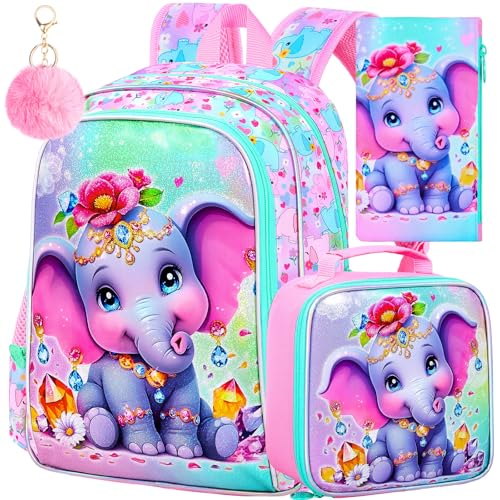 Image of 3Pcs Backpack for Girls, 16 inch Kids Bookbag with Lunch Box,Elephant School Backpacks for Elementary Preschool Kindergarten (Pink)