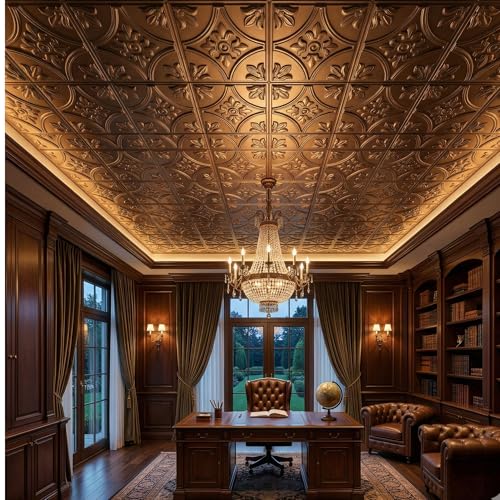 Image of Kayra Decor PVC Ceiling Panel 60x60 cm|Ornamental Floral Panel|Metallic Coffee|12 Tiles Cover 48 Sq Ft| Modern False Ceiling|Royal & Elegant Finish