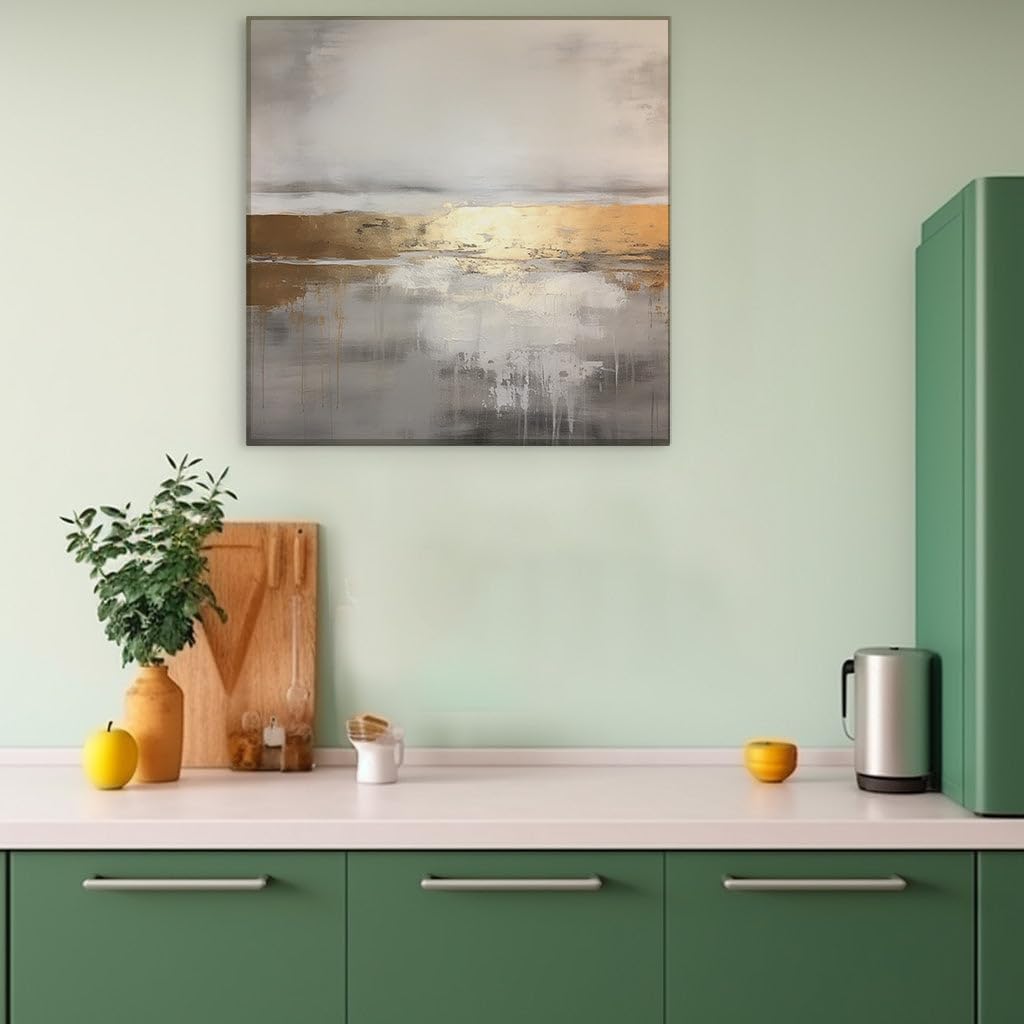 Canvas for Living room. Golden Horizons of Serenity � A Minimalist Dreamscape in Gold, White, and Gray, 27 x 18 inch Canvas Wall Art - Contemporary Masterpieces - Zen Wall Decor
