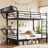 Bunk Bed Twin Over Twin, Metal Bunk Beds with Power Outlets & Desk, Heavy-Duty Bunkbeds Frame with Safety Guardrail & Ladders, Upper Bed with Storage Rack, No Box Spring Needed, for Juniors, Black