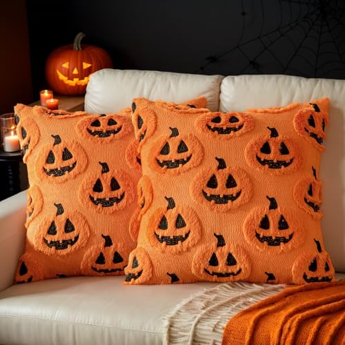 Fall Halloween Throw Pillow Covers 18x18 Set of 2 - Autumn Pumpkin Decor Pillow Cases - Faux Fur Decorative Pillows for Home Patio Couch Sofa - Orange