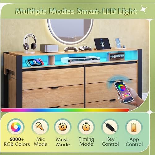 WLIVE 78 Inch Dresser for Bedroom, Long Chest of Drawers Expandable Wood Dresser from 5'3" to 6'5'' with Flexible Shelves and Hanging Rack, Led Dressers for Living Room (85'' TV)