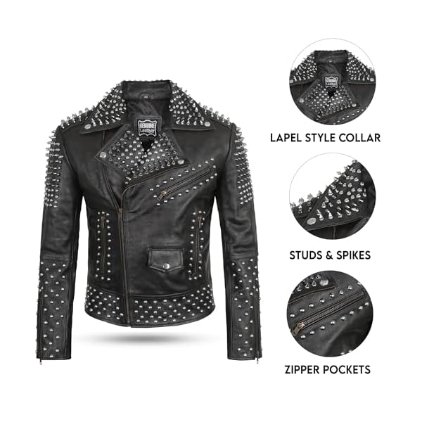 Men’s Brando Biker Rock Punk Studded Spike Black Motorcycle Cowhide Leather Jacket - Image 7