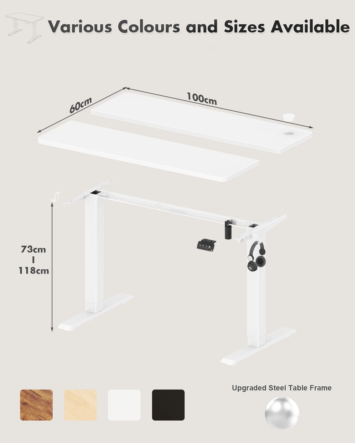 Devoko Electric Height Adjustable Desk Home Office Desk Adjustable Sit-Stand Desk for Kids and Adults, 100 x 60 cm (White)