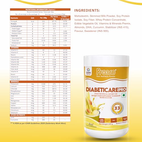 Image of Pro360 Diabeticare Pro Protein Powder for Diabetes - Nutrition Supplement for Diabetic Care - Helps in Managing Blood Sugar Levels - Zero Added Sugar - Badam Flavour 200g Jar