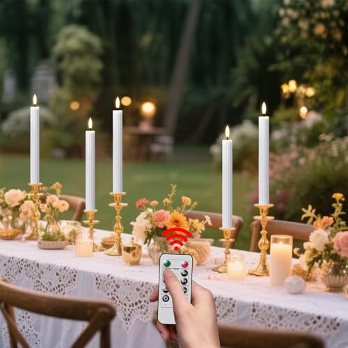 Image of White Flameless Flickering Taper Candles Battery Operated with Remote and Timer, 3D Wick Real Wax Vertical Stripe LED Candlesticks Spring Dinner Wedding Home Decor(3 Pack, 0.79 inch D x 9.8 inch H)