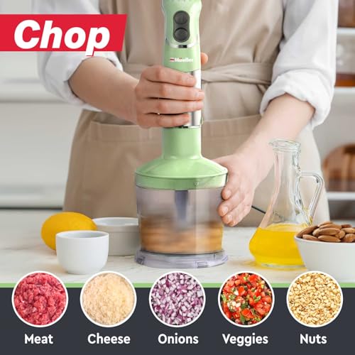 Image of Mueller Multistick 800W 4-in-1 Immersion Blender Handheld, 12 Speed Hand Mixer - Turbo Boost, Heaviest Duty Copper Motor, Titanium Blades Hand Blender, Milk Frother Wand, Whisk, Beaker, Chopper, Green