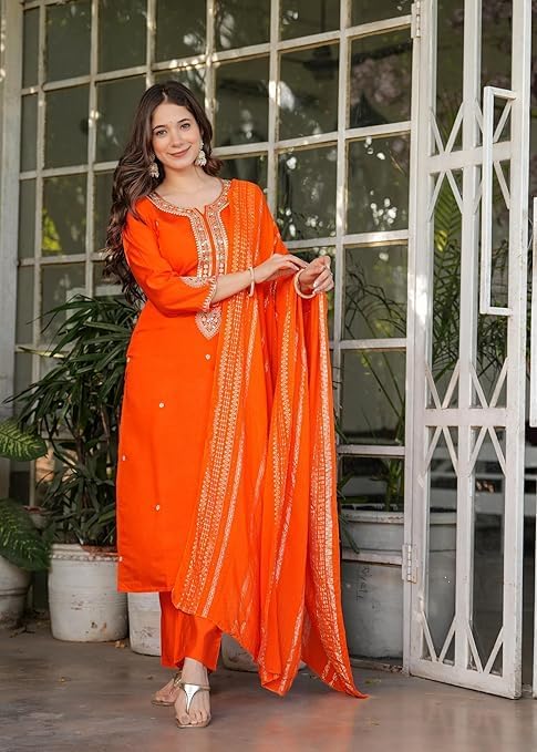 Women's Silk Blend Embroidery Salwar Suit Set Kurta with Pant & Chanderi Dupatta Set
