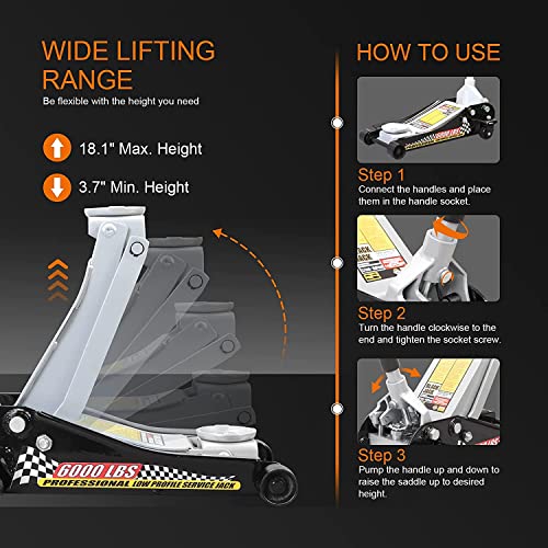 Hpdmc Hydraulic Low Profile Steel Racing Floor Jack 3 Ton (6,000 Lb) Capacity With Single Piston Quick Lift Pump, Black #TOP1