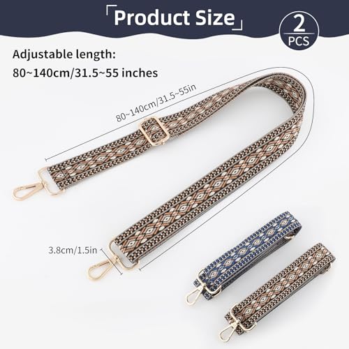 Image of 2 PCS Purse Strap, 1.5 inch Wide Shoulder Strap Adjustable Replacement Crossbody Bag Strap, Retro Multi-Pattern Lozenge Pattern Handbag Strap, Wide Adjustable Strap for Purses & Shoulder Bags (Gold&Blue)