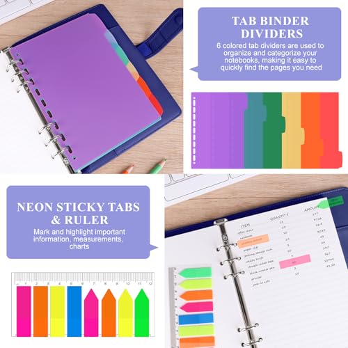 AKONEGE A5 Ringbuch, 6-Ring Ringbuch A5 nachfüllbar, mit 135 Blatt Nachfüllpapier, 3 Bindertaschen, 6 Registerkarten, Haftmarkern, Binder Planer-Organizer für Reisen, Arbeit und Schule, Marineblau