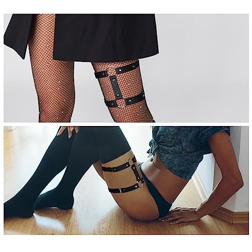 2 Stück Leder Bein Strumpfband Schwarz Verstellbares Strumpfband Doppellagiges Gothic Oberschenkel Strumpfband Anti Rutsch Clip Damen Halloween Rave Karneval Cosplay Party Zubehör
