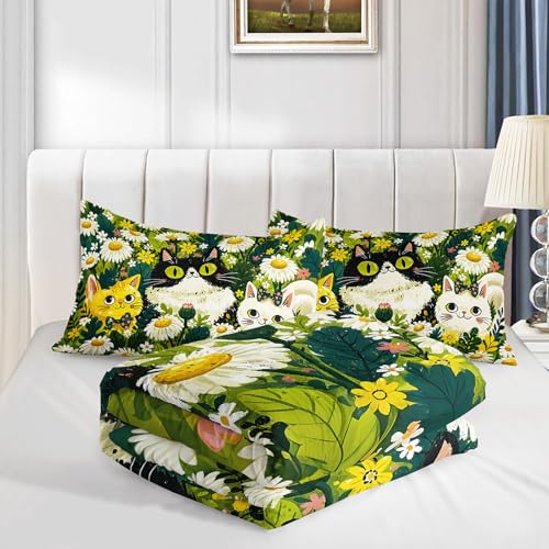 Image of AILONEN Daisy Cat Comforter Full 3 Piece Bedding Set Tuxedo Ginger Kitten Floral Field Meadow Quilt Teens Girls Aesthetic Botanical Room Decor Soft Pet Animal Coverlet