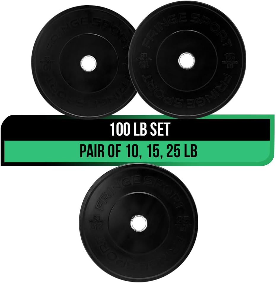 FringeSport Black Bumper Plates Set and Pairs - Dead Bounce Olympic Weight Plate - Rubber Weight Plates with Steel Insert Strength Training Plates (10lb - 460lb)