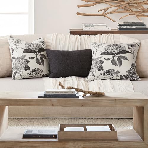 Image of Foindtower Set of 2 Linen Floral Vintage Throw Pillow Covers Neutral Accent Print Decorative Cushion Covers Farmhouse Boho Home Decor for Sofa Chair Couch Bedroom Living Room,18x18 Inch,Black