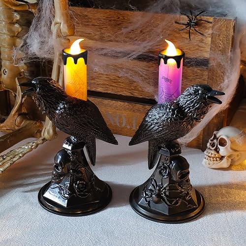 DUBEDAT 2 Pack Halloween Flameless Flickering LED Candles Flickering Black Crow Shape Candles with Spider Web Decoration Ideal for Holiday Decor, Theme Party?Halloween decorations(purple&orange light)