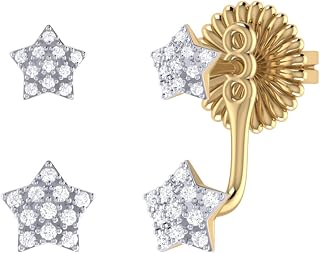 Star Duo Design Natural Diamond Stud Earring for Women - Available in 14K Yellow Gold Vermeil and Non Vermeil Sterling Silver Earrings (Color HI, Clarity I2-I3)