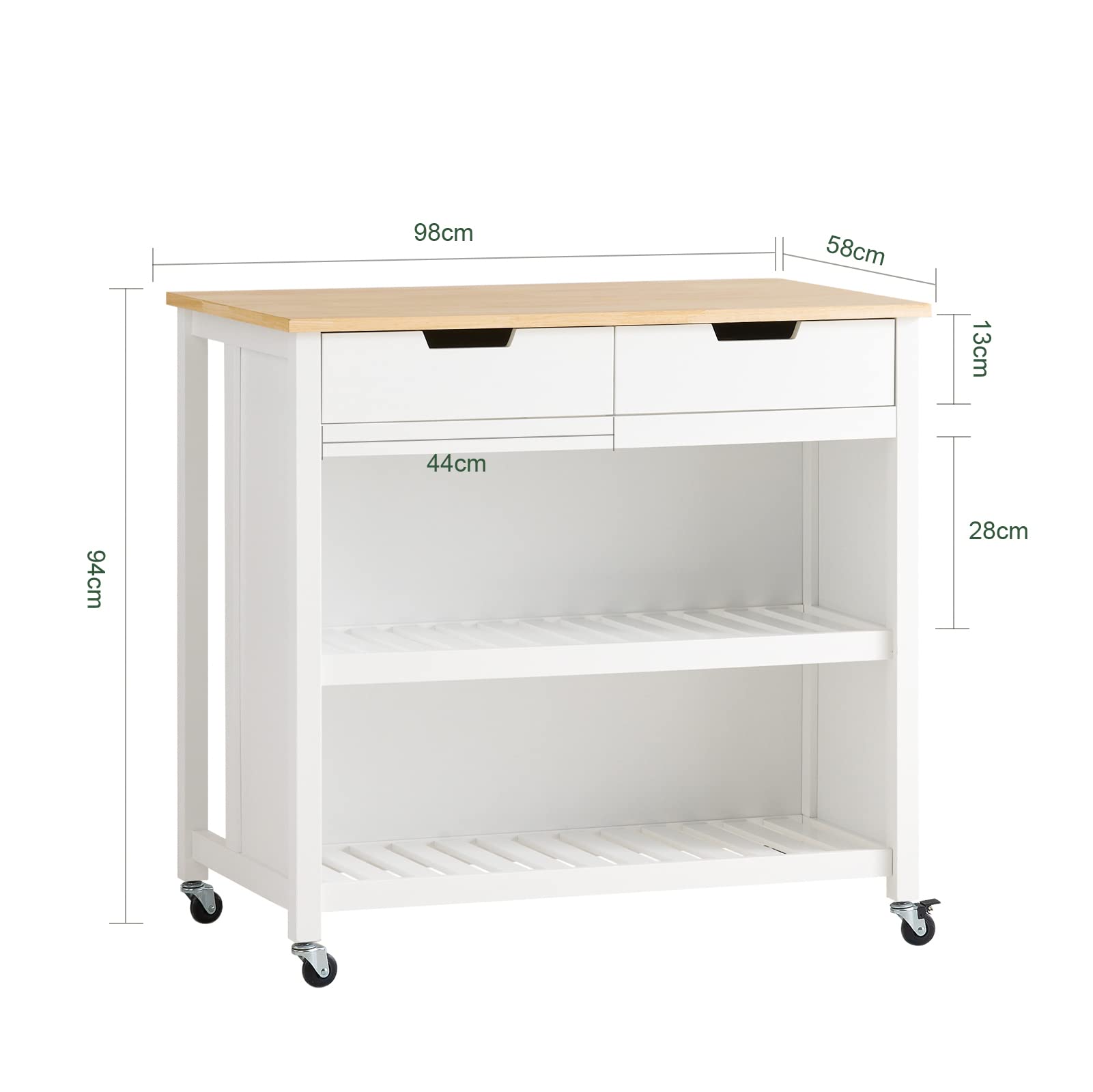 SoBuy Mobile Cucina Salvaspazio Carrello Cucina con Ruote Credenza Cucina Mobiletto Cucina Dispensa Isola Cucina Mobile Cucina con Cassetti Piano in Legno Bianco-Naturale 98x94x58 cm FKW74-WN