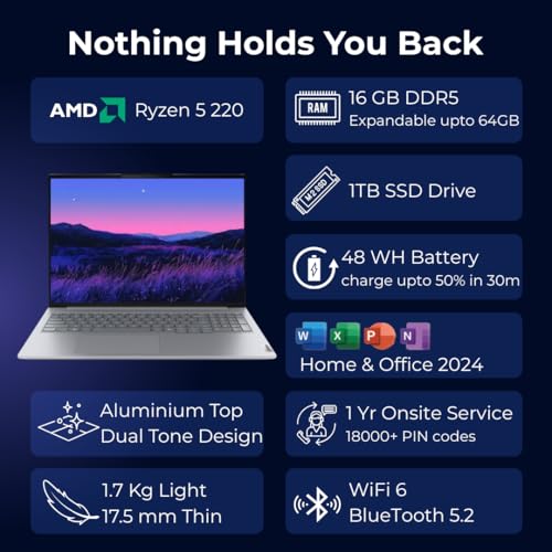 Image of Lenovo ThinkBook 16, AMD Ryzen 5 220, 16GB RAM, 1TB SSD, WUXGA IPS 16 inch (40.64cm), Windows 11 Home, Arctic Grey, 1.7Kg, 21UTA01HIG, Fingerprint, Backlit, 400 Nits, 1Y Warranty, Laptop