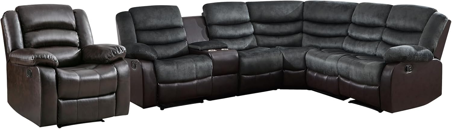 EBELLO Faux Leather Reclining Sectional Sofa Set, Included 1 Recliner Chair and L-Shaped Corner Manual Recliner Sofa with Overstuffed Armrests, 5-Seater Home Furniture Sofa for Living Room, Gray