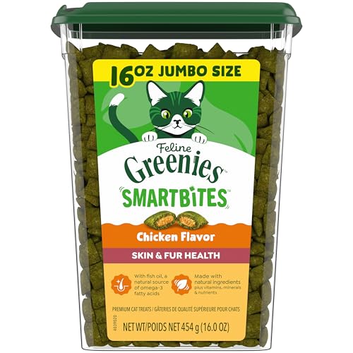Greenies Cat Treats, Feline Smartbites, Skin & Fur Health, Crunchy and Soft Cat Treats, Chicken Flavor, 16 oz. Tub