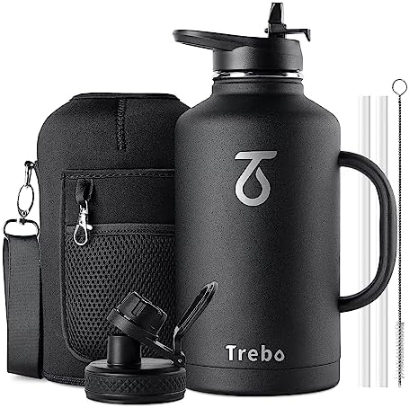 Trebo 64 oz Water Bottle Insulated with Handle, Half Gallon Stain...