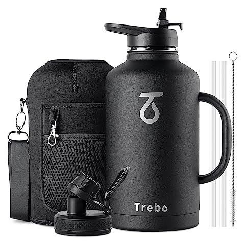 Trebo 64oz Water Bottle Insulated with Straw & 2 Lids, Half Gallon Double Wall Vacuum Stainless Steel Metal Large Jug with Handle, Wide Mouth Flask Mug with Carry Pouch, Keep Cold Hot, Black Cover