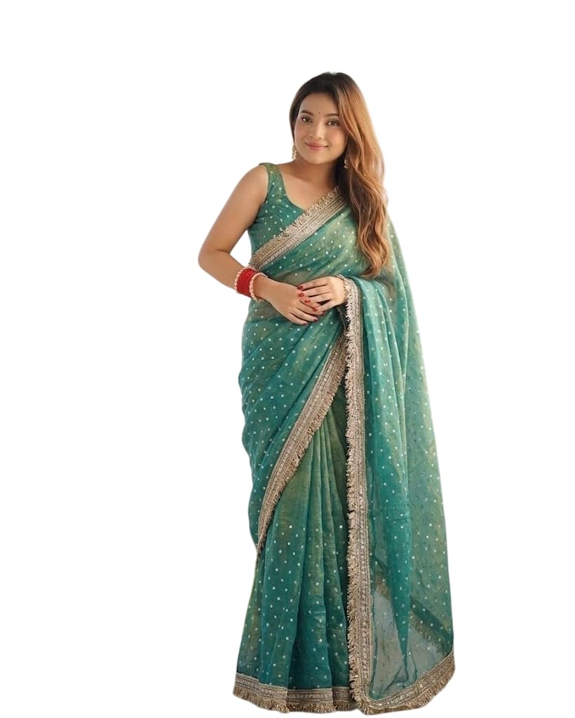 Women Moss Butti Fabric Saree with Unstitched Blouse, Gold Border, Elegant Saree-image-13