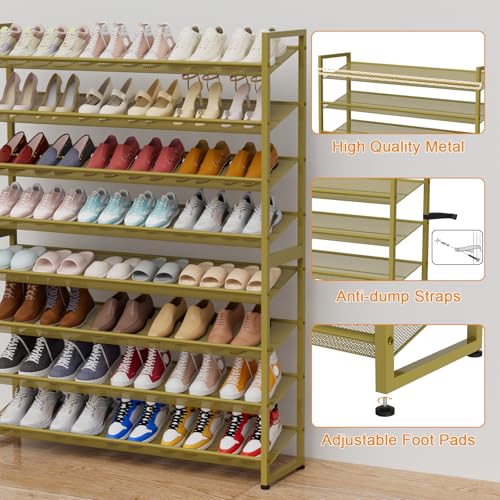Image of Large Shoe Rack 8 Tier Shoe Organizer, Heavy Duty Metal 4-Tier Stackable Shoe Storage Vertical Shoe Rack for Closet Front Door Entrance, Up to 50 Pairs, 44.8 inch W x 11.4 inch D x 56.7 inch H, Gold