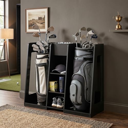 Golf-Bag-Organizer-Storage-Holder-for-Garage-with-2-Side-Compartments-3-Middle-Cubbies-and-More-Black-LF-GBS1