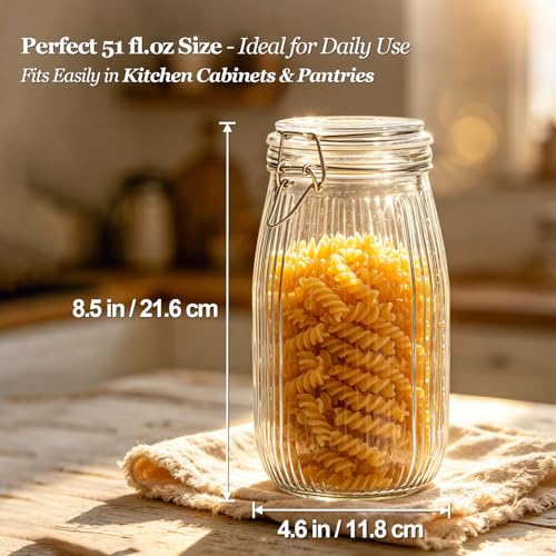 Image of ComSaf Ribbed Glass Jars with Airtight Lids 51oz 3 Pack Wide Mouth Bulk | BPA-free food-grade glass, ribbed texture, bulk flour & rice, deep cabinet fit, one-hand latch, pantry organization
