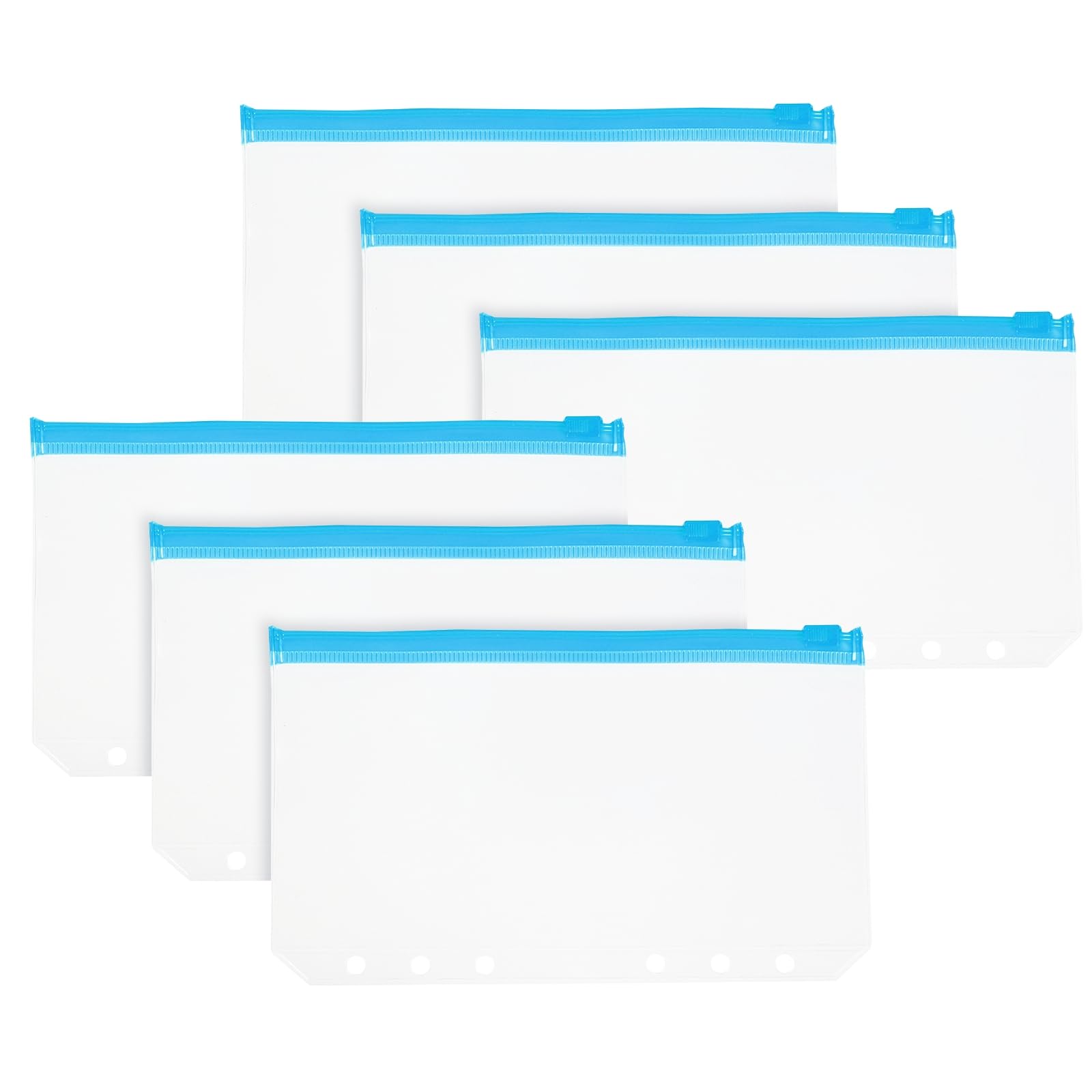 PATIKIL A6 Binder Pocket, 6 Pack 6 Holes Zipper Binder Pouch Budget Stuffing Envelopes Clear Storage Pocket Waterproof for Budget Planning Loose Leaf Bags, Sky Blue Zip/Clear Pouch