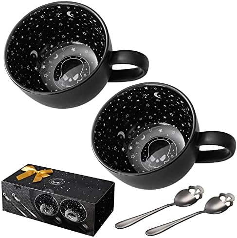 CALATOUR Set Of 2 Midnight Skull Coffee Large Mugs With Skull Spoons In Gift Box,Cute Halloween Spooky Witch Gifts Goth Decor Cool Novelty Tea Cups,21oz/620ml Porcelain(Midnight Black)