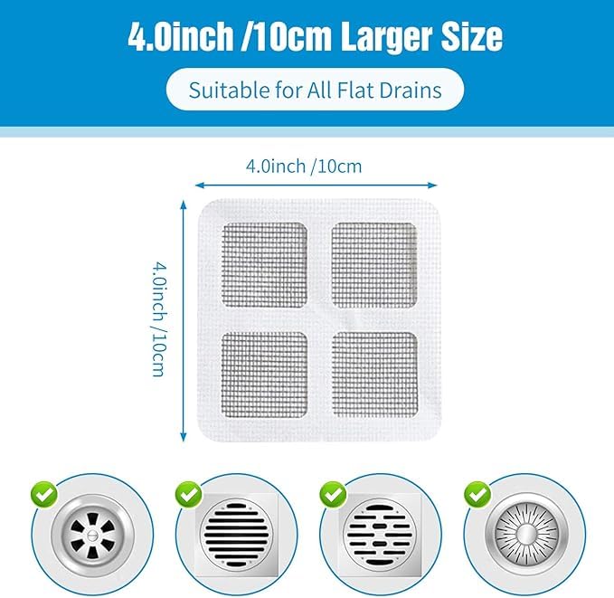 Image of 4 inch X 4 inch Disposable Shower Drain Cover Self-Adhesive Insect-Proof Hair Catcher Shower Drain Square Mesh for Stickers, Bathroom, Bathtub, Kitchen, Sink, for Human and Pet Hair (20)