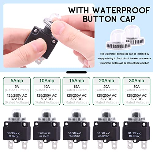 Keadic 40 Pcs 5/10/15/20/30A Push Button Circuit Breaker With Manual Reset Assorted Set Ac125-250V 32Vdc Thermal Circuit Breaker With 19Cm Wire Leads, Female Spade Terminals And Transparent Cap #TOP3