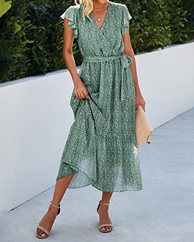 Btfbm Women Summer Bohemian Floral Casual Wrap V Neck Ruffle Cap Sleeveless Belt A-Line Pleated Hem Swing Midi Sun Dress (Dark Green, X_L) #TOP3