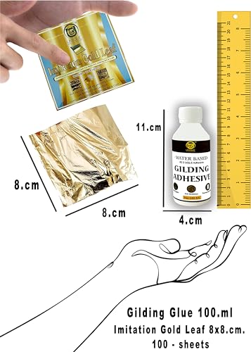 Image of UGLS Gold Leaf Sheets, 100 Sheets, 8 by 8.cm Warq & Gilding Glue 100.ML - Golden Foil Paper for Gilding, Resin Art, Decoration Crafting, Maysur Paintings, Arts Crafts, Nail Deco, DIY