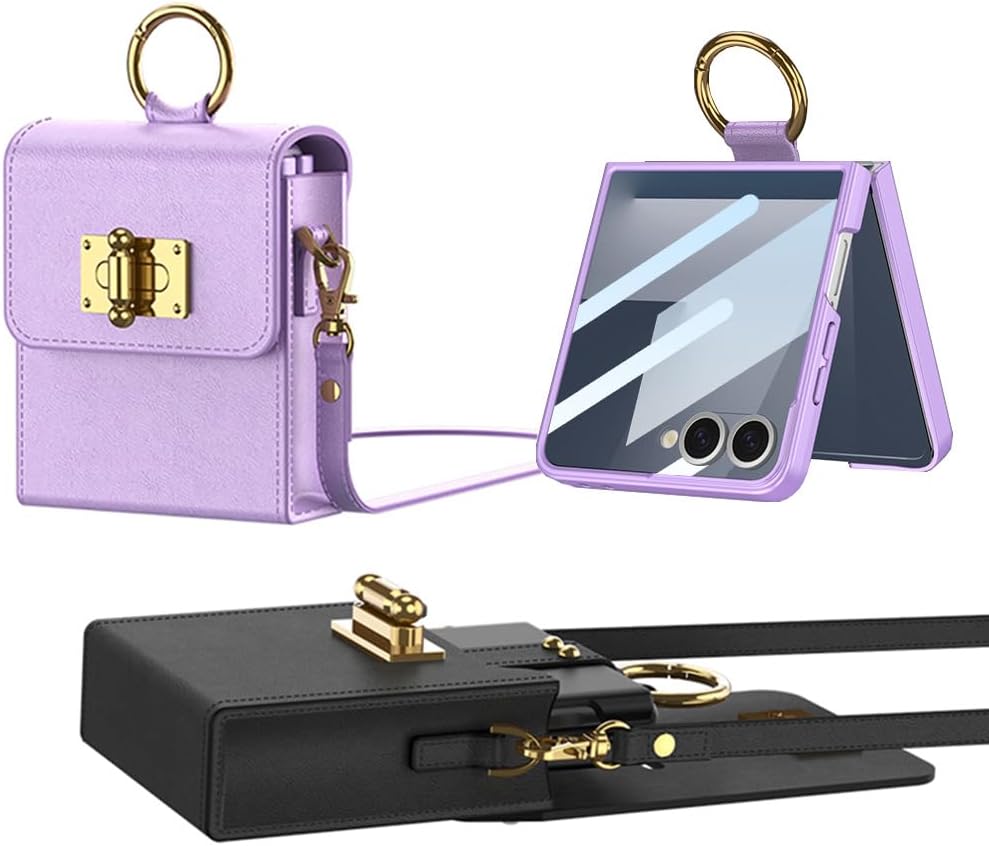 Folding Phone Case for Samsung Galaxy Z Flip 7,with Cross-Body Chain Leather Bag, Adjustable Strap - Stylish and Versatile Accessory Black