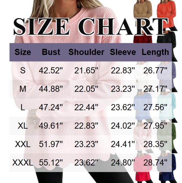 Womens Scalloped Top Waffle Knit Top Long Sleeve Crewneck Pullover Blouse - image 5