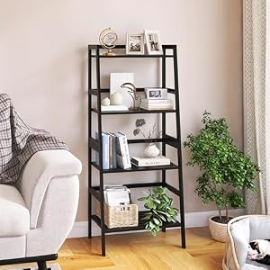 HITNET Ladder Shelf, Black Bamboo Bookshelf 4 Tier, Bathroom Storage Shelf Unit Plant Stand Freestanding Open Bookcase for Home Office HITNET Ladder Shelf Black Bamboo Bookshelf 4 Tier Bathroom Storage Shelf Unit Plant Stand Freestanding Open Bookcase for Home Office