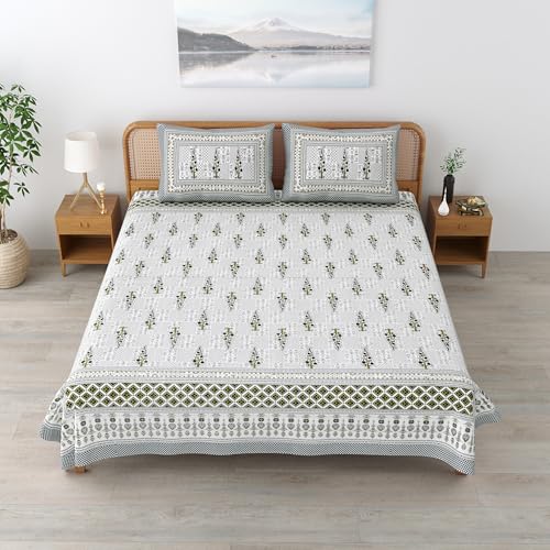 Image of Mafatlal Sanskriti Pure Cotton Bedsheet for Double Bed King Size | 90 x 108 Inches | 144 TC | Rajasthani Handcrafted Chadar | Soft Fabric | Granite