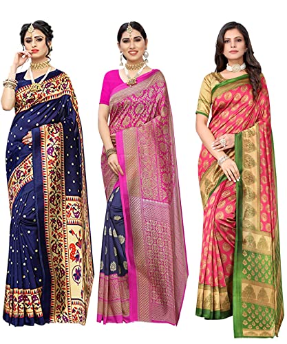 Image of Yashika Women's Combo Art Silk Saree with Blouse Piece-Pack of 3(MATWALI Metro Navy-ALIFA Pink) Multicolor-09