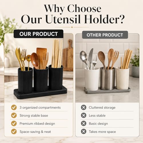 Image of E-COSMOS Plastic Self-Draining Cutlery Holder - Multi-Slot Utensil Drying Rack and Storage Organizer for Spoons, Knives, and Forks - Non-Slip Kitchen Countertop Caddy, 23x8x12 cm, Black