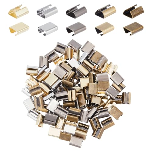 WADORN 150pcs Leather Rope Clips, 5 Colors Foldable Cord String Ends Fasteners 12x10mm Metal Crimp Ends Clasps for DIY Handicraft Leather Adjustable Loops Lanyard Tassel Jewelry Findings