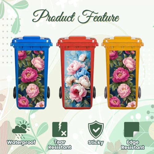 Image of Peacoblue Wheelie Bin Stickers 2 Sheets Peonies and Leaves Sticky Dustbin Stickers Decals, 15 inch x 32 inch Waterproof Large Wraps for Trash Cans Bins Fridges Door Wall Garden Outdoor Indoor Patio Decor